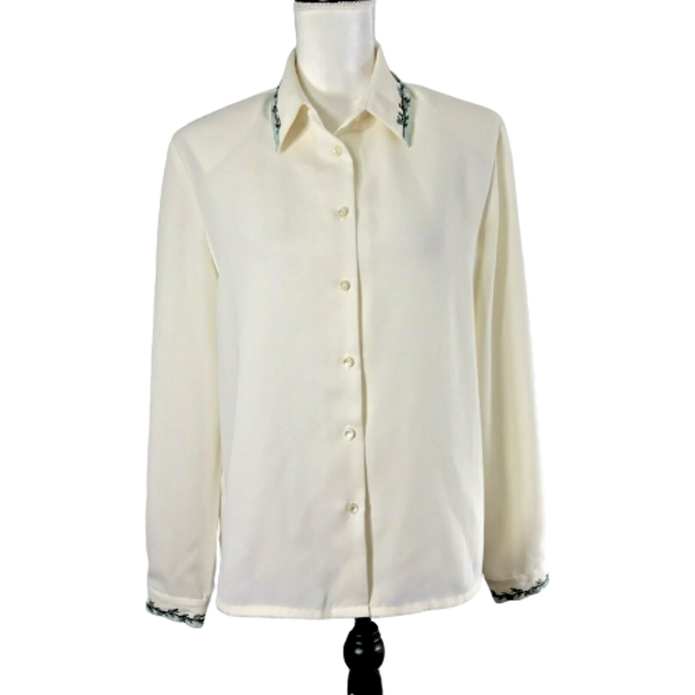 Koret Blouse Womens 8 Beige Floral Embroidered Ribbon Collar & Cuffs Career Top